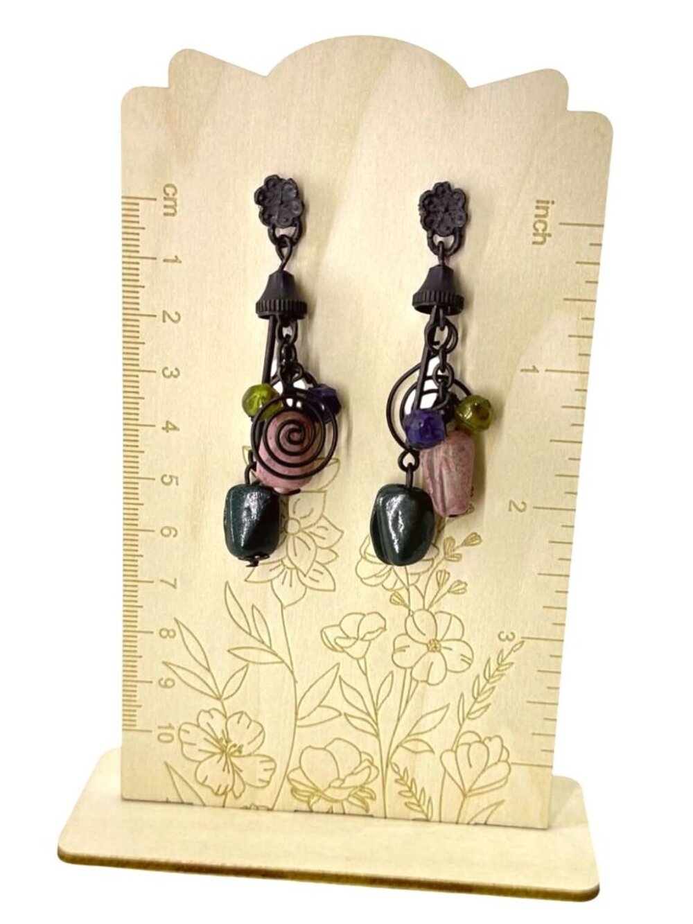 Vintage Dangle Earrings Natural Stone Multicolor Beads Spiral Charm Womens - Picture 4 of 8